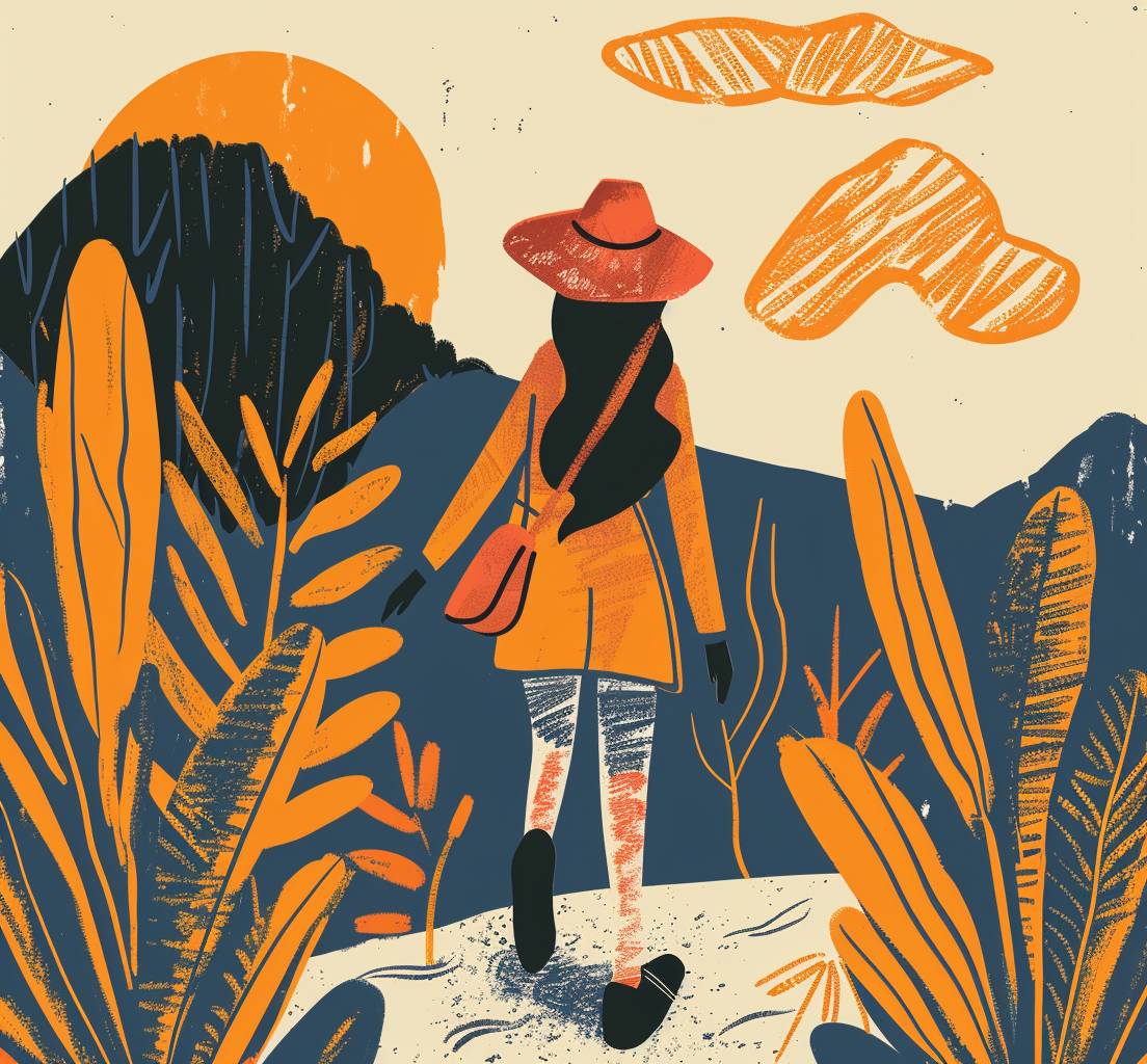 A handdrawn illustration, featuring a woman with a hat hiking on the field, sunny, vibrant colors like orange, black, and blue, bold lines.