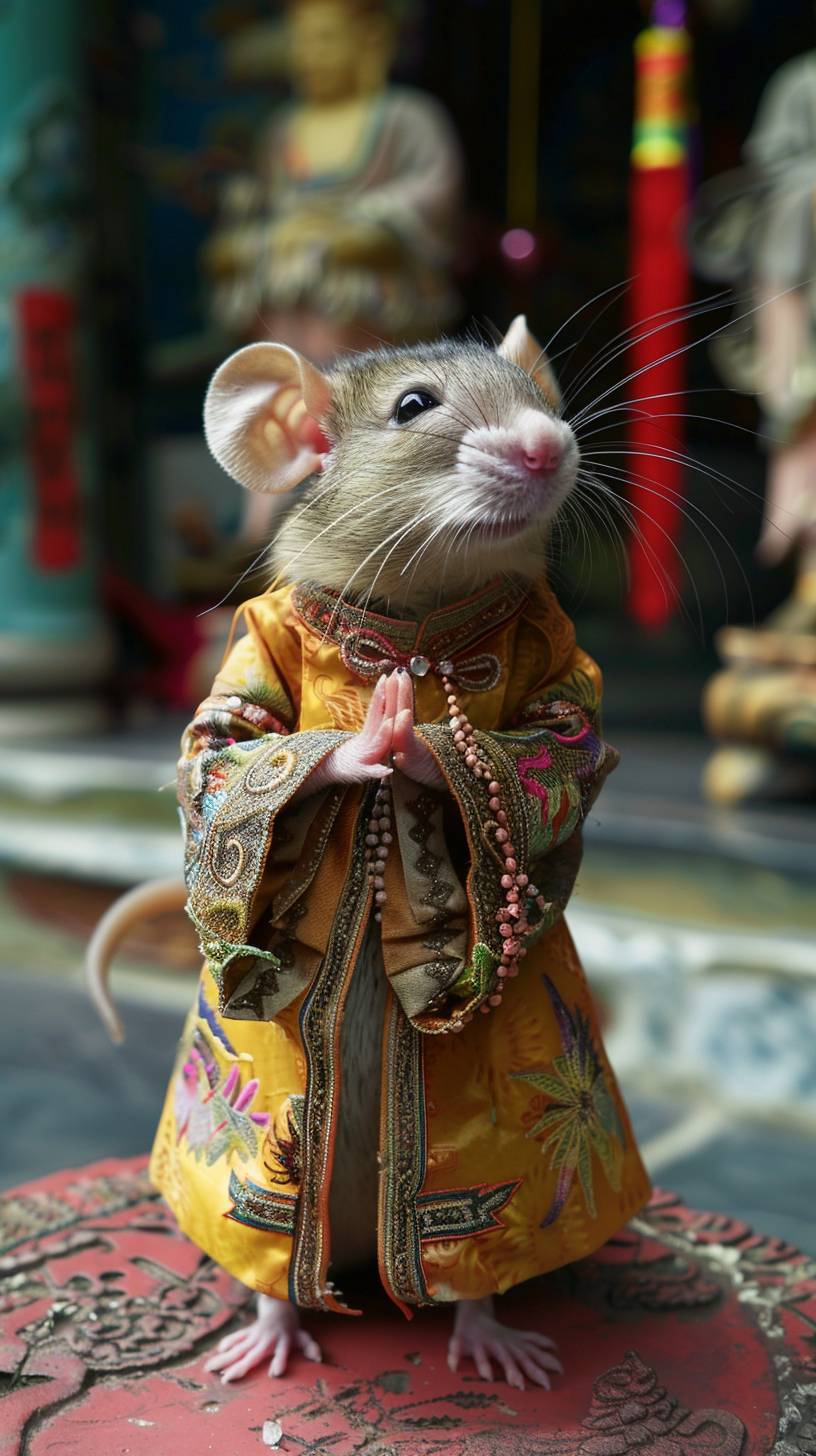 ハンサムなマウスは唐装を着用し、仏陀を敬虔に崇拝しています。