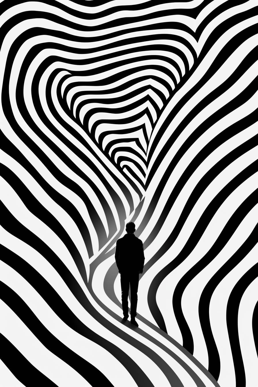 A full body zebra draws a track or swath through a Horizontal Striped background, which therefore bends downwards. Airial view from the distance, wide angle, clean Abstract minimalist vector illustration in black and white colors. the stripes of the zebra and the stripes of the background exactly fit into each other at the point where they touches. The artwork lives from the contrast of the natural stripes of the zebra and the almost regular horizontal stripes of the bending background. Boho style, risograph print.