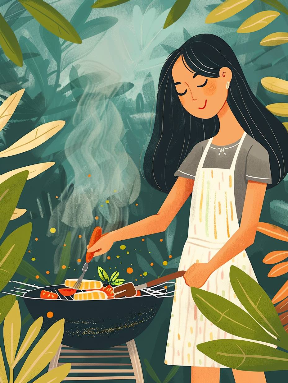 Spring poster, an Asian girl cooks on the grill outside in the backyard patio, cartoon, 2D, bright spring pastel colors, flat lines