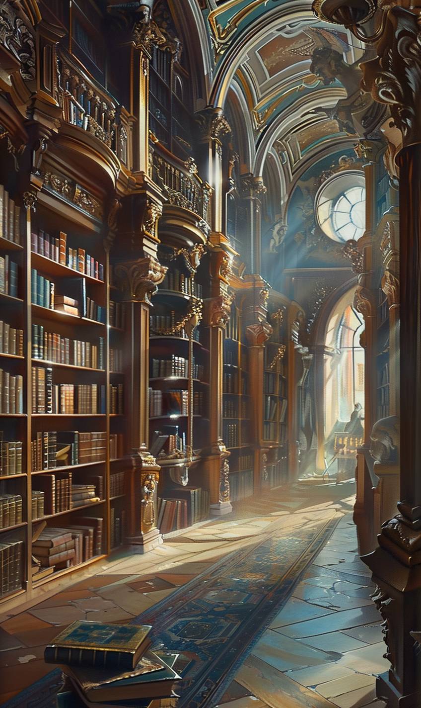In style of Alex Alemany, a timeless library with mysterious tomes