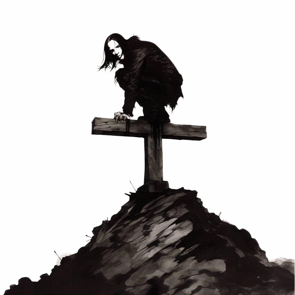 Brandon Lee is depicted as the comic book character The Crow, created by James O'Barr, on top of an old wooden cross in the middle of a foggy graveyard. The drawing is done in the style of Steve Dillon, featuring sharp inked lines, simple yet expressive forms, a white background, monochromatic palette, and monochrome colors.