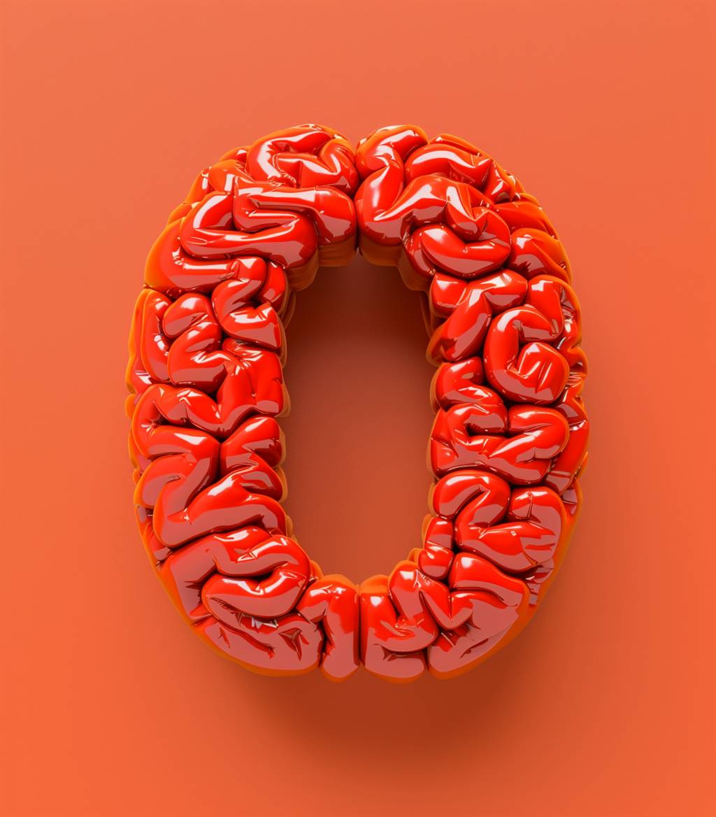 Letter 'O' designed in brain shape, on plain bright color background, Pixar style, smooth 3D, realistic style, made bright and shiny.