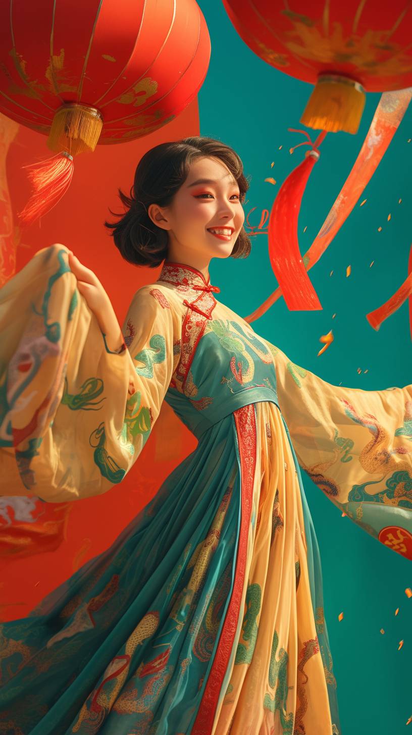 Chinese girl, dress, full-body shot, real photography, smile, short hair, UHD, 6k, portrait, smiling, vibrant colors, professional photograph, playful, lively, energetic, happy, traditional clothing, traditional Chinese dress, modern twist, contemporary fashion, Asian beauty, youthful, carefree, joyful::1 glasses, frowning, dark, gloomy::-0.5