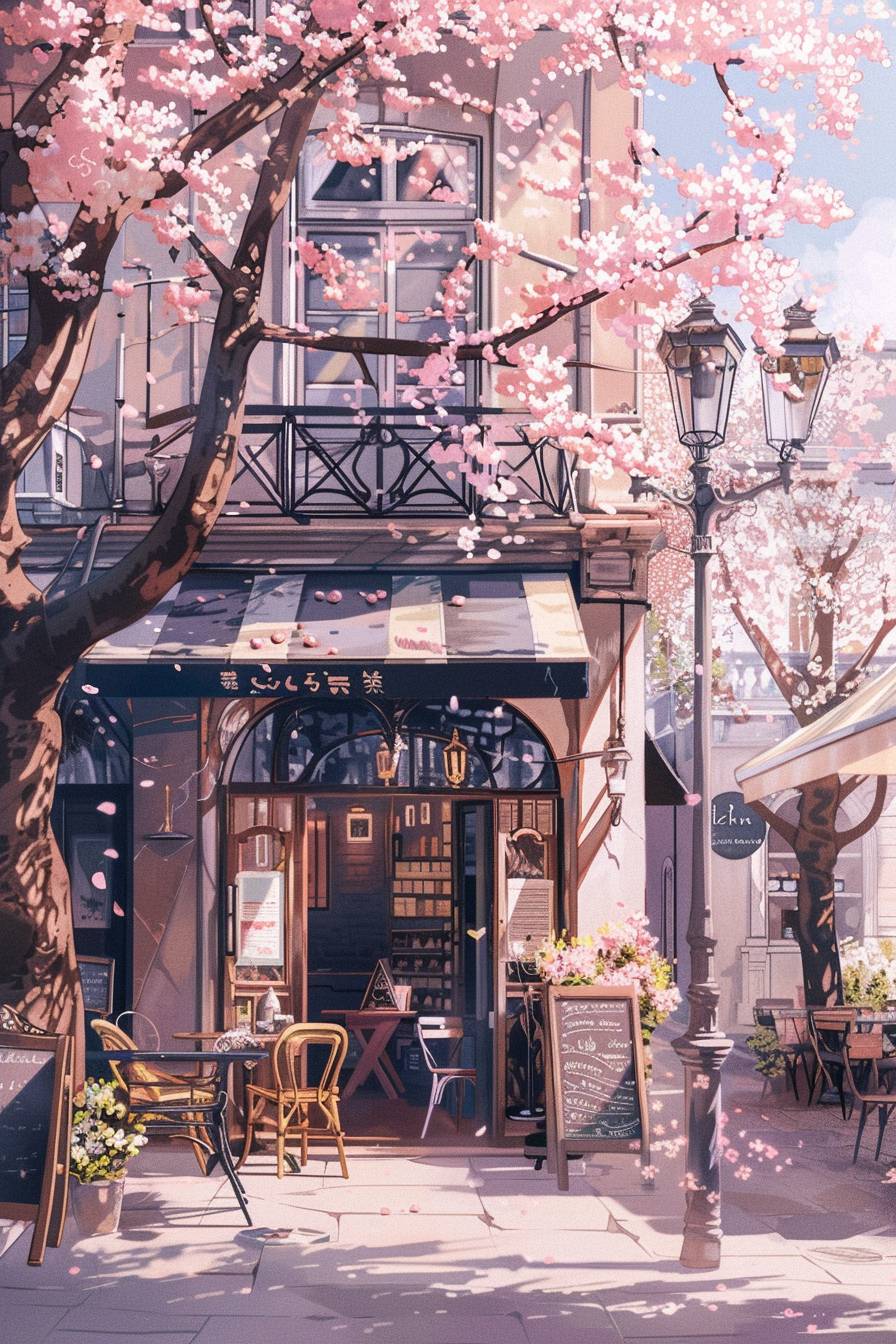 A charming vintage cafe nestled in the heart of an old European city, surrounded by blooming cherry blossom trees and adorned with classic street lamps. The artwork focuses on faces in the style of anime with a pink color tone and cute watercolor style, rendered with hyper quality.