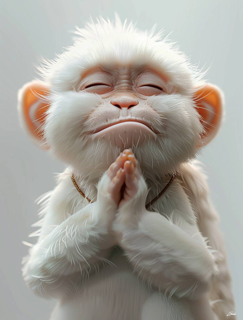 A cute white monkey with a chubby body and smiling expression, eyes closed and hands clasped together in prayer on its chest. A pure style background with a white clean wall. White fur all over its body, white ears, and a white tail. Anime style and Pixar art style.
