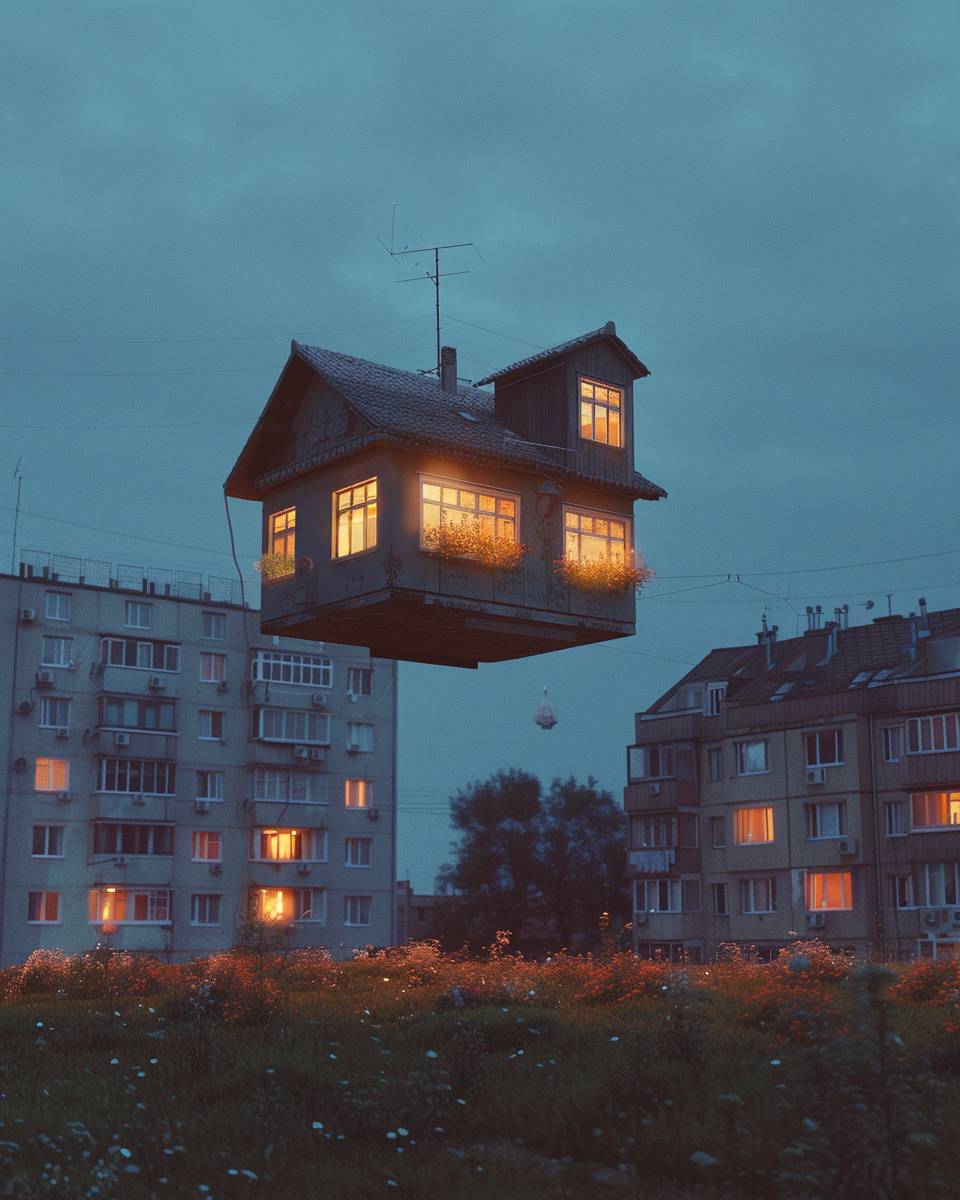 A flying house with glowing windows at dusk, floating above a field with glowing flowers, in front of apartment buildings. The image has a grainy, lo-fi aesthetic, reminiscent of an analog photograph. The sky is a deep blue, and the scene has a slightly surreal, dreamy quality.