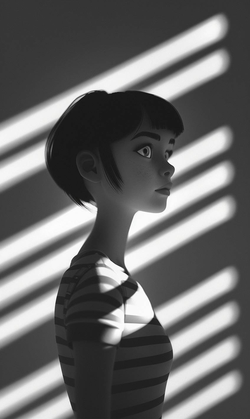 Adorable cartoon style, A young woman stands behind monochrome dim lights. She has short hair and is against a backdrop with monochrome light stripes. Her body is shown in full, and she is wearing a shirt with a simple pattern on the back, 3D render cartoon