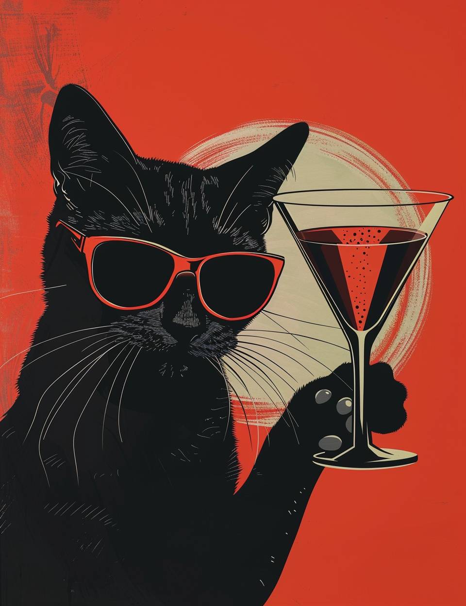 A black cat with sunglasses drinking from a martini glass, in the style of minimalist graphic designer, 1970–present, mallgoth, twisted characters, atomic mid century background, post-internet art