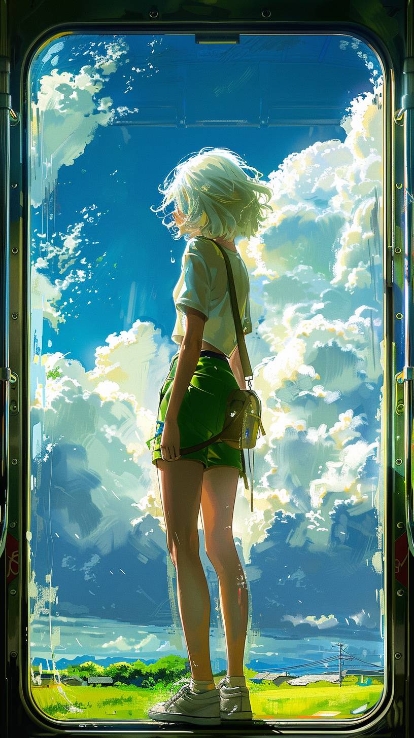 A digital painting of a young girl with short white hair standing inside a modern metro train, looking out a large window. She is wearing a white T-shirt, green shorts, and white sneakers, with a small backpack on her back. The train interior is bathed in sunlight, with a clear blue sky and fluffy white clouds visible, and green grass and trees through the window. The scene captures a peaceful, reflective moment as the girl gazes at the landscape outside. The angle should be from the right side, showing the girl's profile, with a focus on the vibrant colors and detailed environment, in an anime-style illustration, highly detailed, serene atmosphere. --ar 9:16 --style raw --stylize 400 --v 6.0