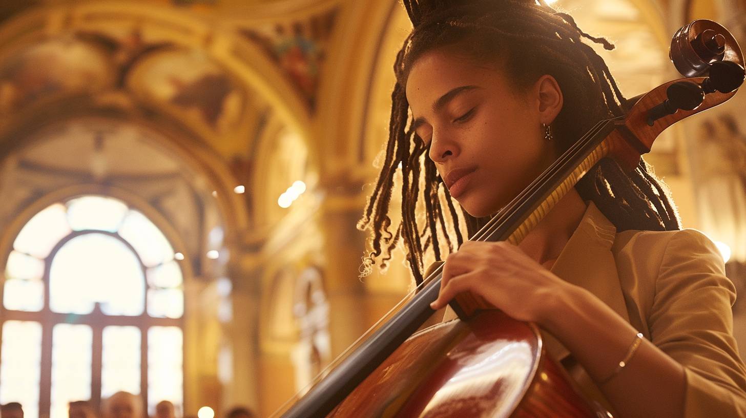 A young woman with dreadlocks is playing the cello. She has her eyes closed in concentration, and the strings are vibrating. It is evening in a classical concert hall, with the audience in soft focus, grand arches, and an ornate ceiling. The medium shot shows her upper body, with spotlights casting a warm glow on her face and the polished wood of the cello, creating hyperrealistic details.