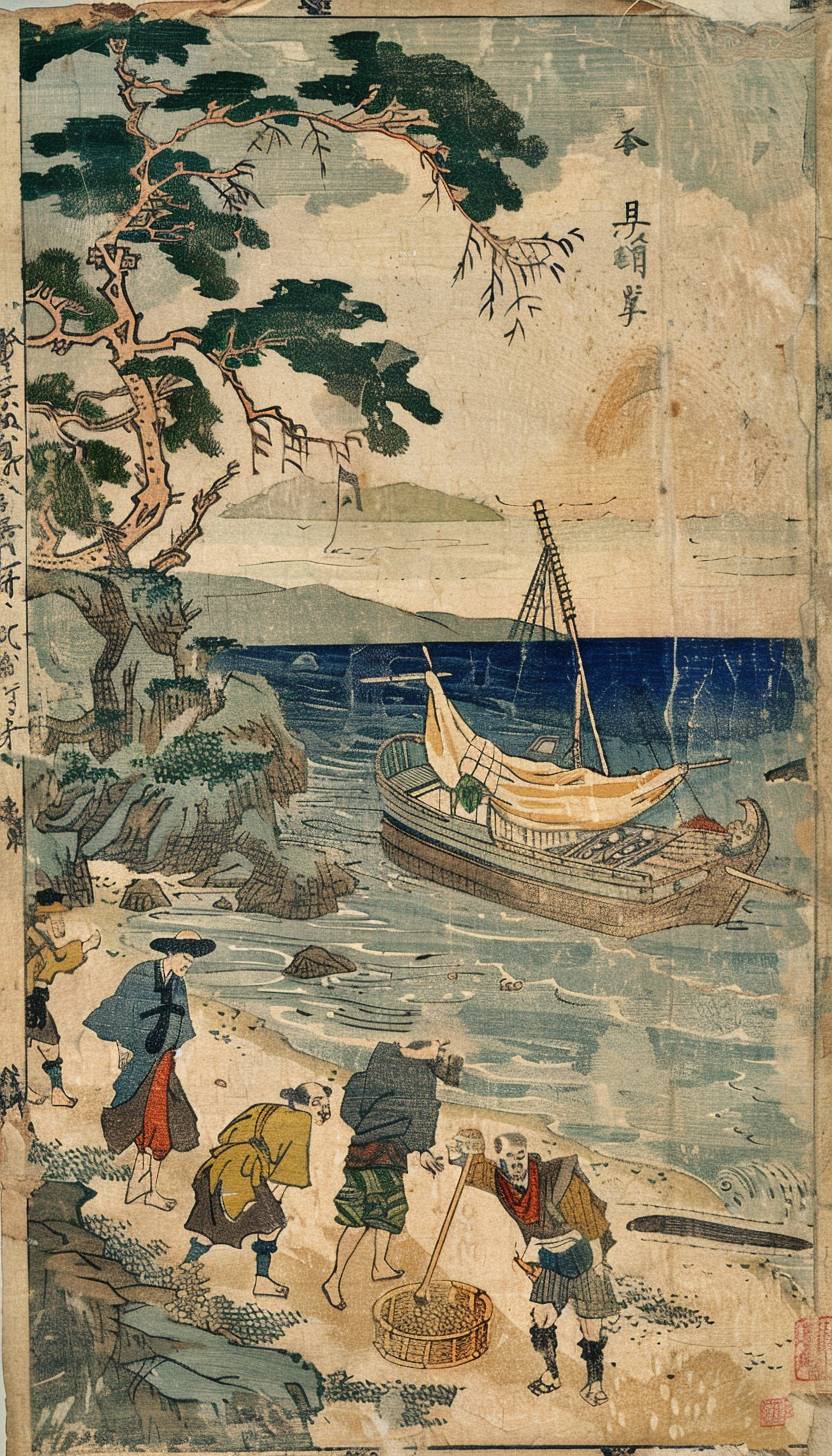 In the style of Kitagawa Utamaro, a pirate crew uncovering buried treasures on an island --ar 4:7  --v 6.0