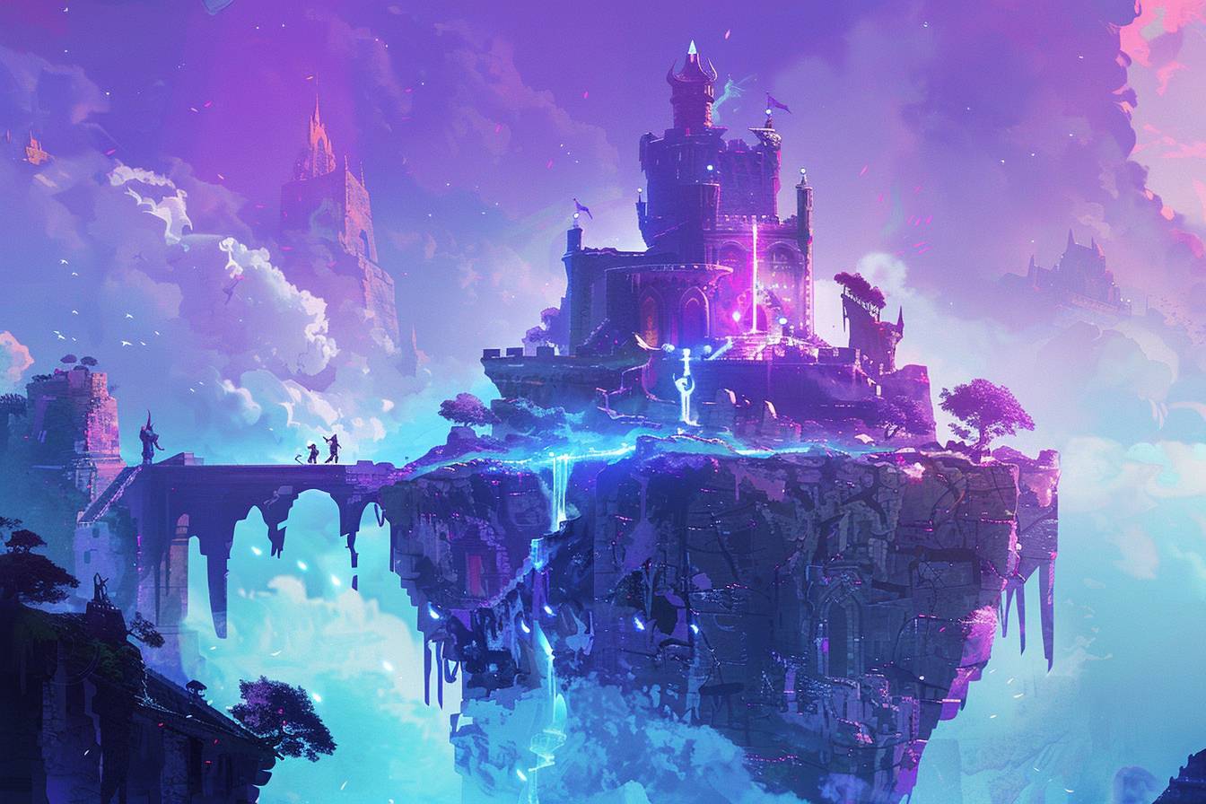 Embark on an adventure through an ancient floating castle in High Fantasy Kingdoms, where the royal violet melds with the mystical teal, creating a scene of epic tales and legendary quests.