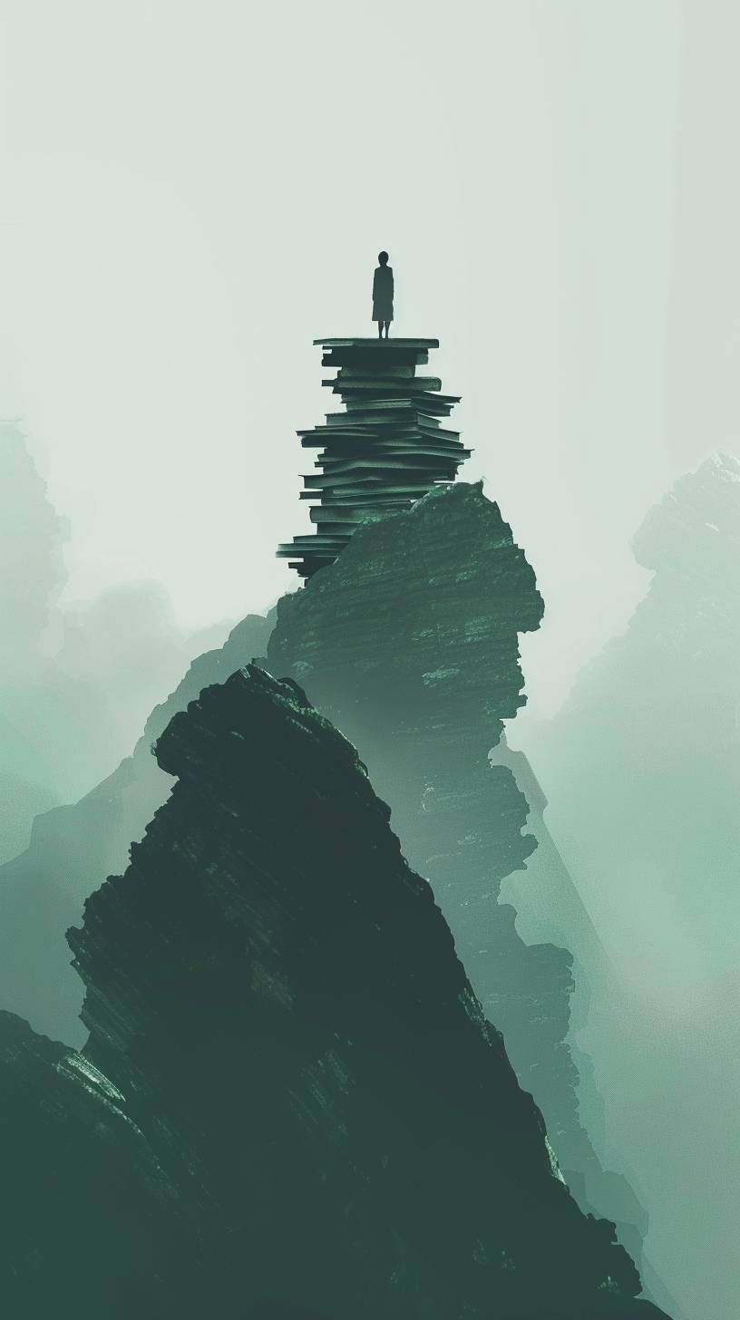 Minimalism, artistic conception, ink painting, a scholar, silhouette, standing on a mountain of stacked books, two mountains, Zhang Daqian style, modern art graphic illustration, perspective aesthetics, light green, soft gradient colors, ancient Chinese minimalist painting, figure, transparent background, depth of field, high definition, high resolution, ultra-high detail