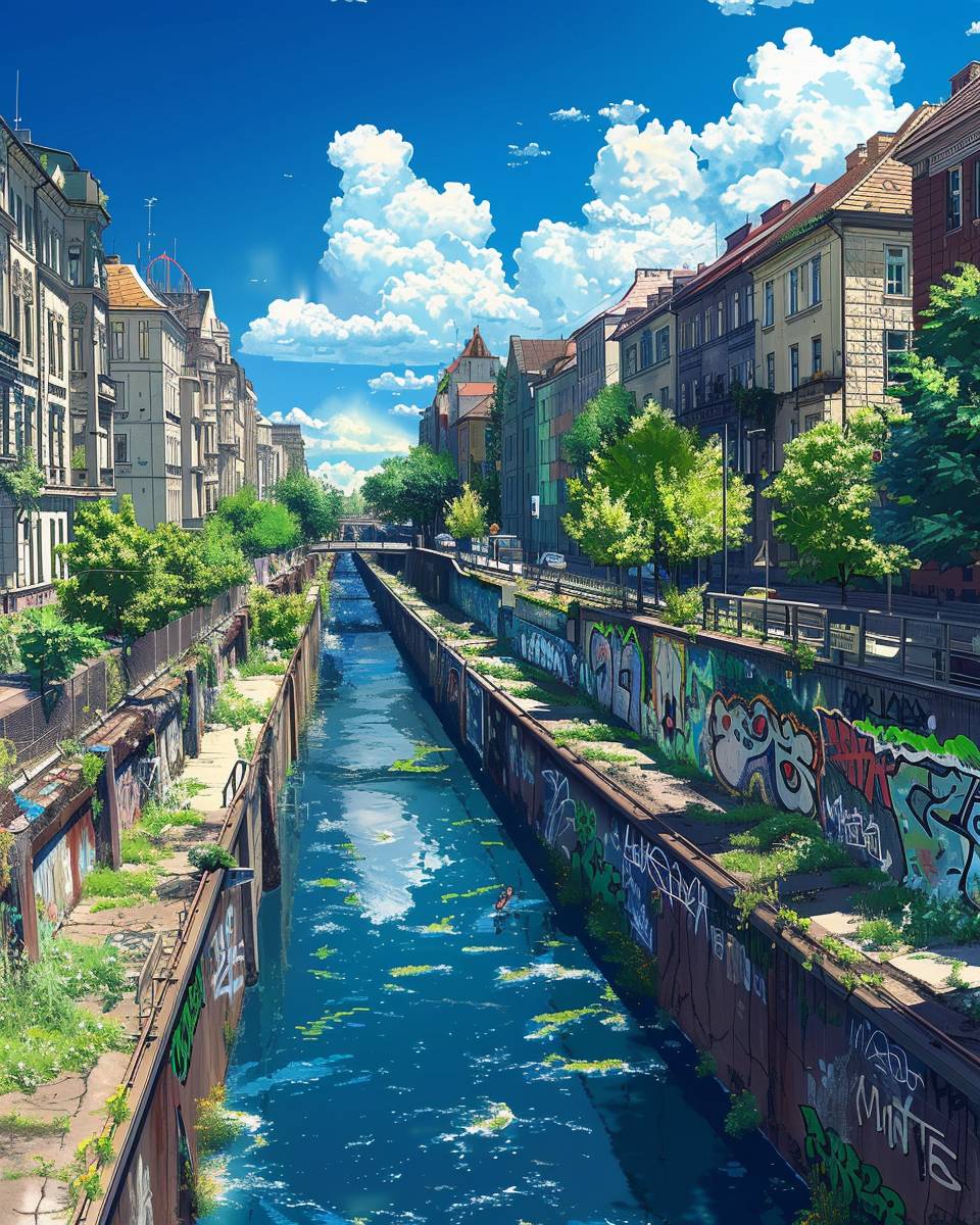 Houses and roads along the graffiti canal in Vienna, Austria in the anime style, with a blue sky and white clouds, in the style of Hayao Miyazaki, high resolution, high quality, high detail.