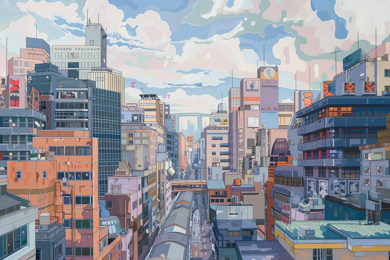 in style of Yoshiyuki Tomino, city landscape