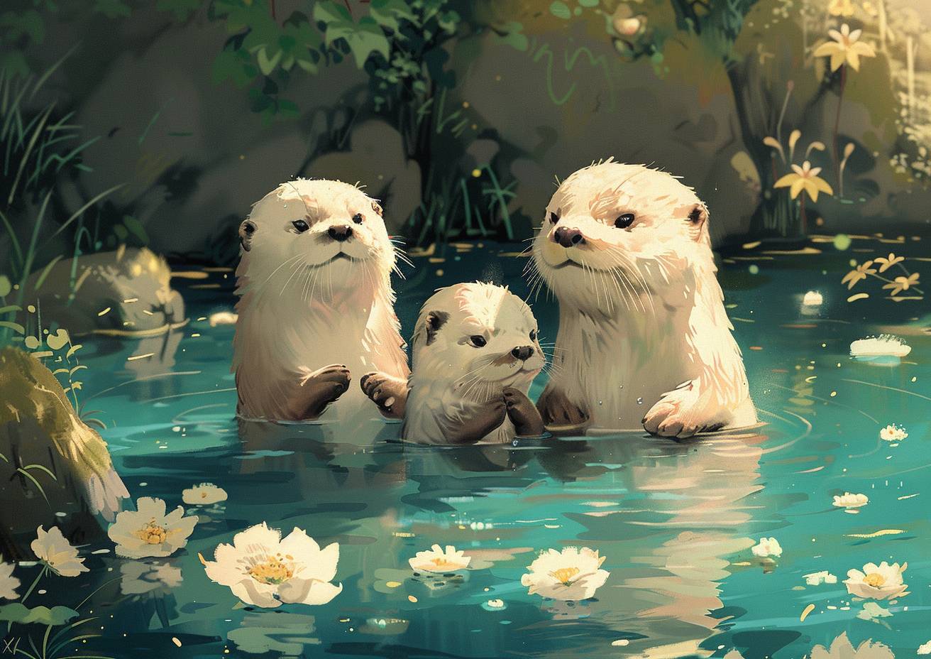 a drawing of playful otters in a river, in the style of pastel markers, quirky character design, pastel oil, subtle tones, cute core, polychromatic