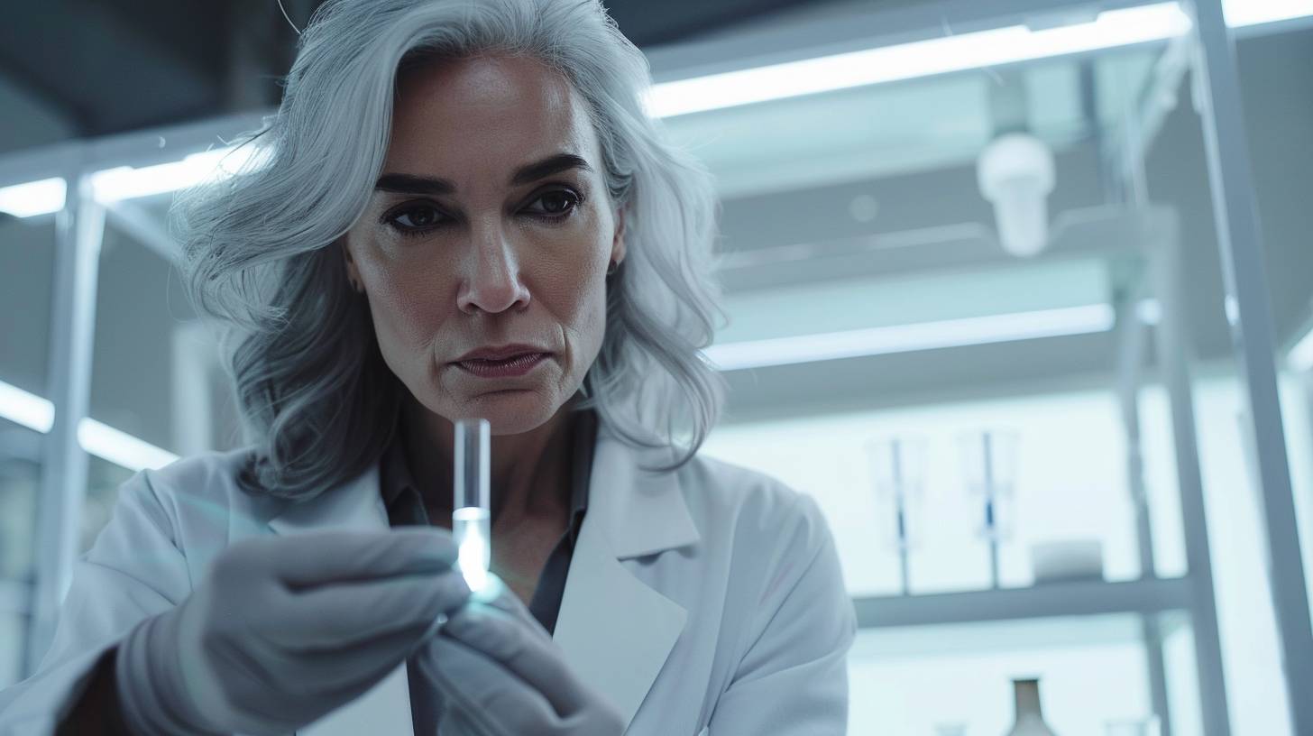 Middle-aged woman in a lab coat, examining a test tube. Stern expression. Silver streaks in her hair. Modern laboratory. Fluorescent lights. White walls, high-tech equipment. Medium shot, waist up. Neutral lighting, reflections on glass surfaces. High contrast.