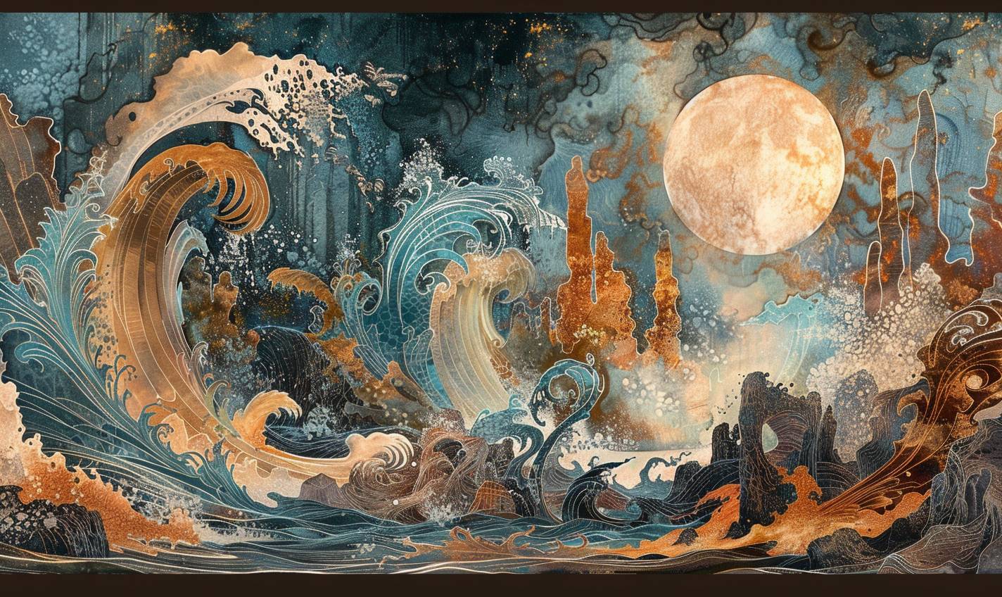 In the style of Kay Nielsen, spectral warriors clash in an ancient arena