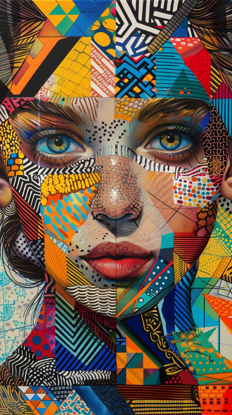 A young woman's portrait is crafted using intricate line work, geometric patterns, and vibrant colors, resulting in a visually striking and often abstract composition.
