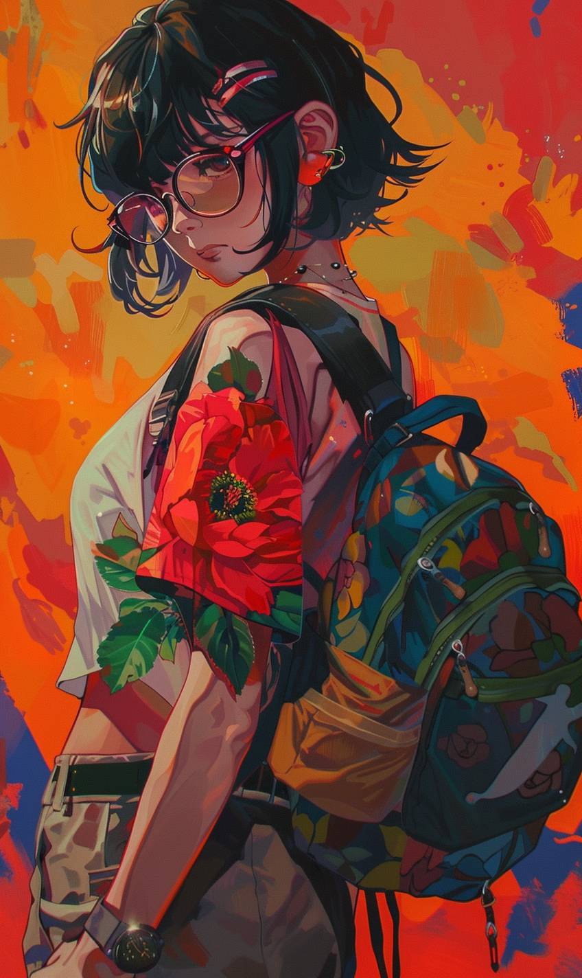 Anime schoolgirl with short black hair and glasses, wearing colorful clothing and holding a backpack. The background is a vibrant orange color with dark hues. The schoolgirl has a large red flower tattooed across her chest, giving the overall composition an edgy feel.