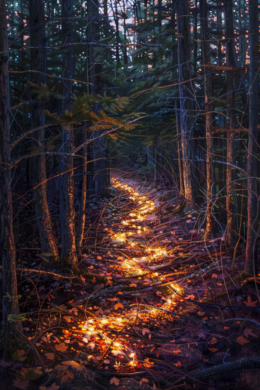 In the style of Lawren Harris, Fairy lights illuminating a path through the woods--ar 2:3 --v 6.0