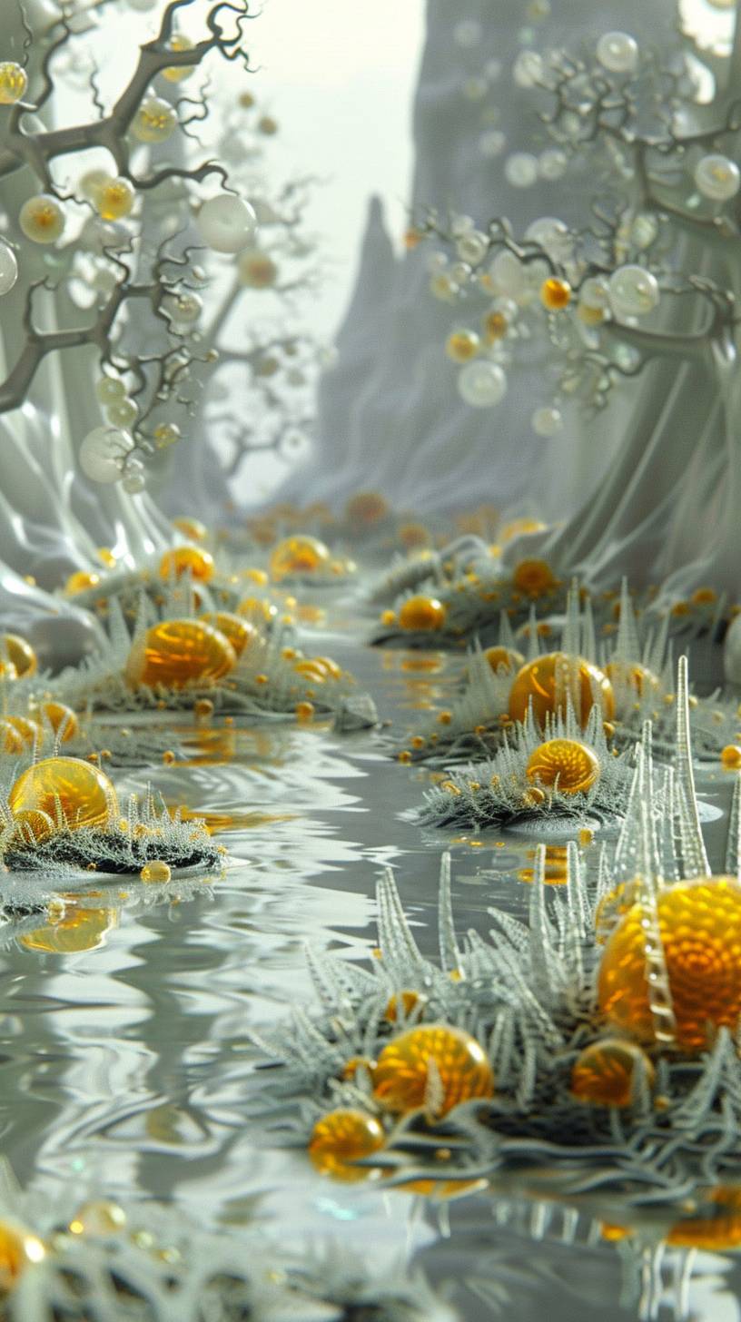 The scene is translucent and inflatable, a 3D fantasy of virtual plants full of fantasy, calm and transparent water surface, glowing yellow small tomatoes of glass material growing on the water surface, transparent glass texture, silver-gray winding glass vines, translucent yellow glass flowers, several small glass water droplets, the distant mountain made of transparent jelly, surrounded by translucent glass cactus, White gradient and light yellow color scheme, surrealistic details, HD, 3D rendering, high resolution