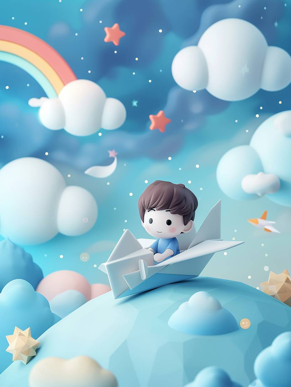 A cute boy in a blue shirt sits on a white paper airplane and flies at dawn, with floating clouds, rainbows and stars in the background sky, handmade clay cartoon style, colorful clay animation with soft lights and pastel colors, kawaii Art clay toy style, using clay material, 3D rendering style, isometric view