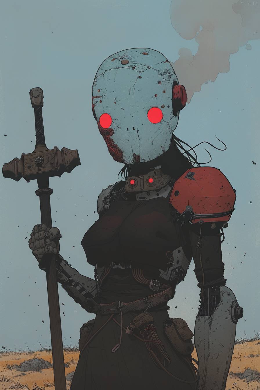 An illustration from Image Comics, featuring a beautiful Hellspawn woman wearing a powered exoskeleton on a frozen city. Her face resembles that of an ogre, portraying a fierce berserker ogre woman with a heavy club, set against a bright sky in a landscape of overgrown cyber city. A long way home in a peaceful world with a horizon, neon edition, reminiscent of the style of Tsutomu Nihei. Influences from Claude Monet and Banksy art, the use of Instax, 8K resolution capturing highly detailed and dramatic lighting in a high-quality depiction. Themes of bioterrorism and a mysterious lady, along with references to Destiny2. The scene involves putting on a mechanized suit of armor, with cardinal, Vivaldi red, verilion, keppel, and mountain meadow tones. The scene was captured with a SONY α9 camera.