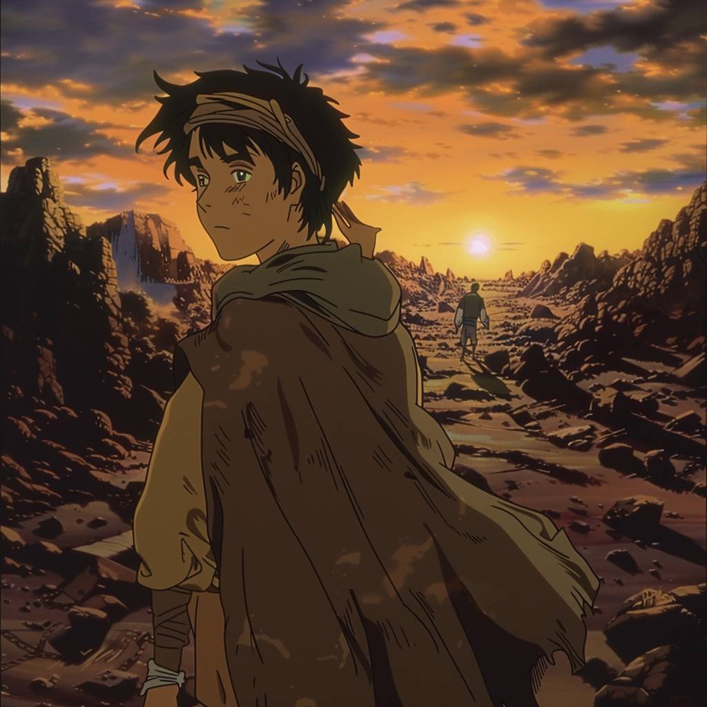 1990年代のアニメのシーン、勇敢な少年が頭にバンダナを巻き、ボロボロのマントを身につけ、荒廃した荒野を歩いている、劇的な夕焼けの光、高いアングル、レトロなアニメ、90年代のアニメーション、高解像度