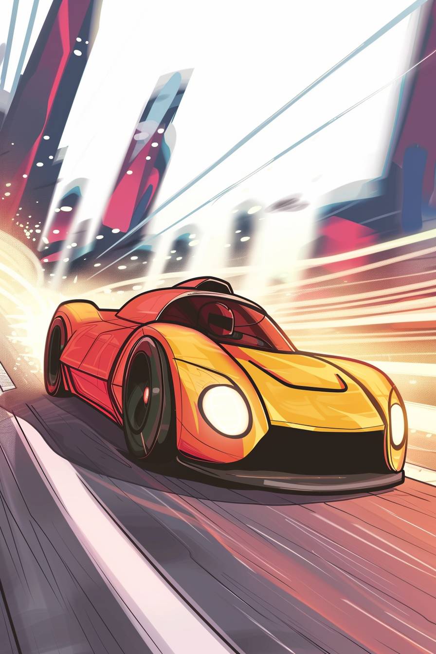 A sleek sports car racing through a futuristic city, neon lights reflecting off its surface, high-speed motion blur, intense action