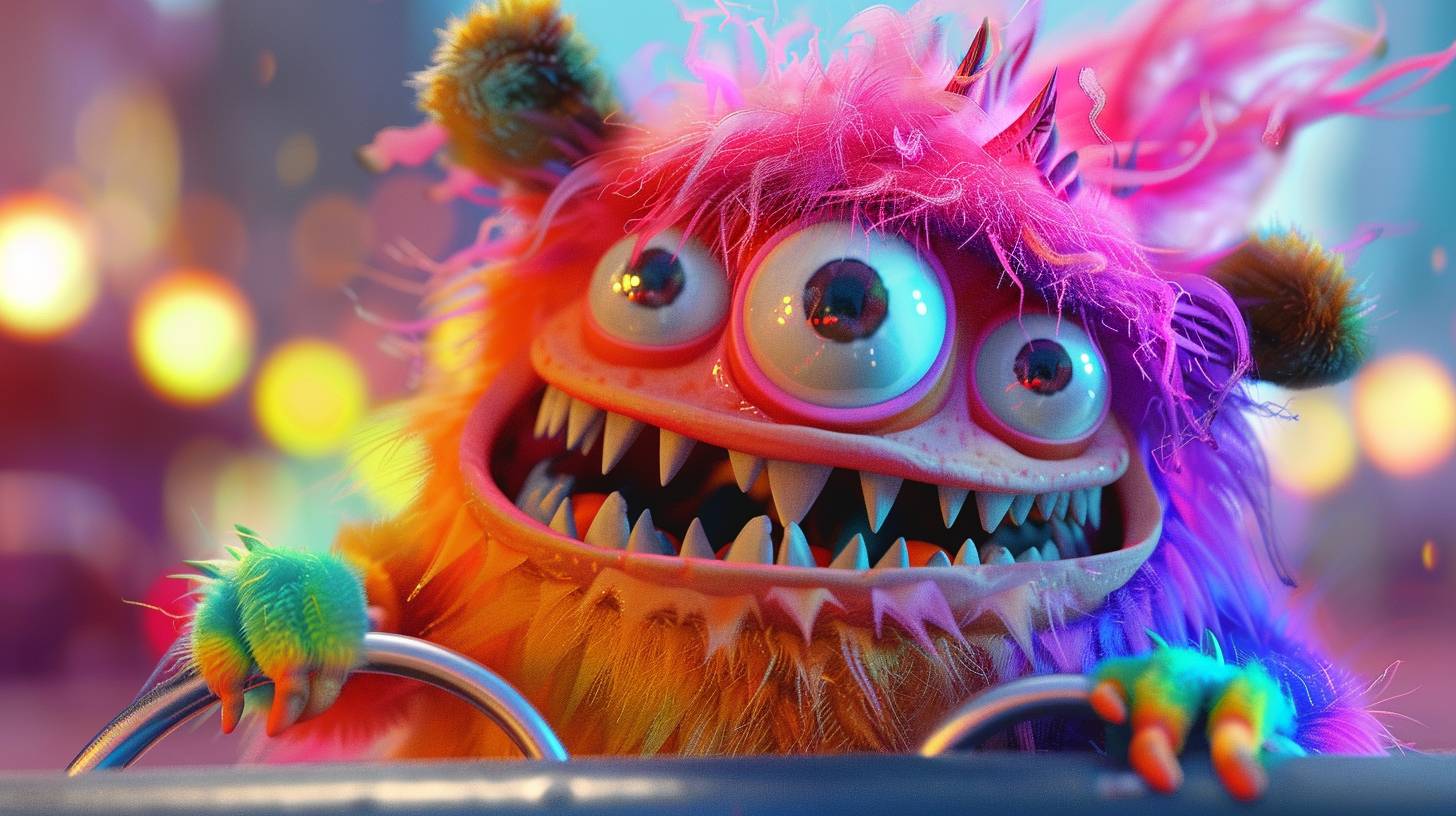 3D cartoon animation of a cute and fluffy monster riding on an open cabriolet, vivid colors