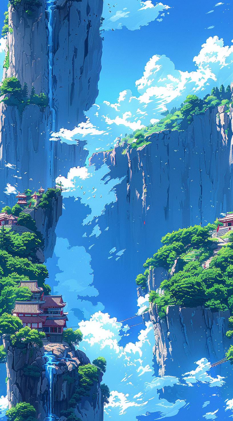 overlooking, castle, castle walls and bridges, unexplored region, winding road, exploration, puddle, cliff, bright style, anime style, key visual, reflection, luggage, cave, cavity-chaos 20-AR 5:9-tile-style raw-stylize 990-version 6.0