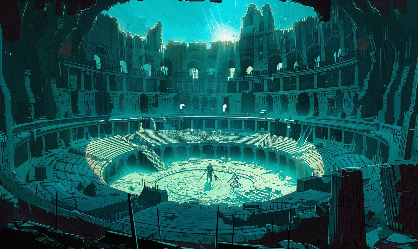 In the style of James Jean, an ancient coliseum hosting spectral gladiators