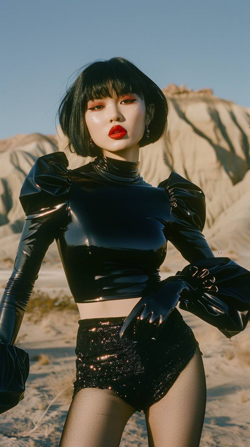 High-resolution editorial fashion photography, shot on 35mm film, featuring a young Asian female model with pale skin and sleek, short black bob haircut. She has striking features with bold red lipstick and smokey eye makeup, and she is dressed in a futuristic black latex crop top with exaggerated puff sleeve shoulders. She pairs it with high-waisted shorts, black gloves, and glittering tights. The photo is set against a stark desert landscape with rocky terrain, with bright daylight creating a bold and edgy mood. The model is posed front-facing with a confident expression. The photograph was shot on Kodak Ektachrome 100 film, showcasing a deep black, vibrant red, and sandy beige color palette.