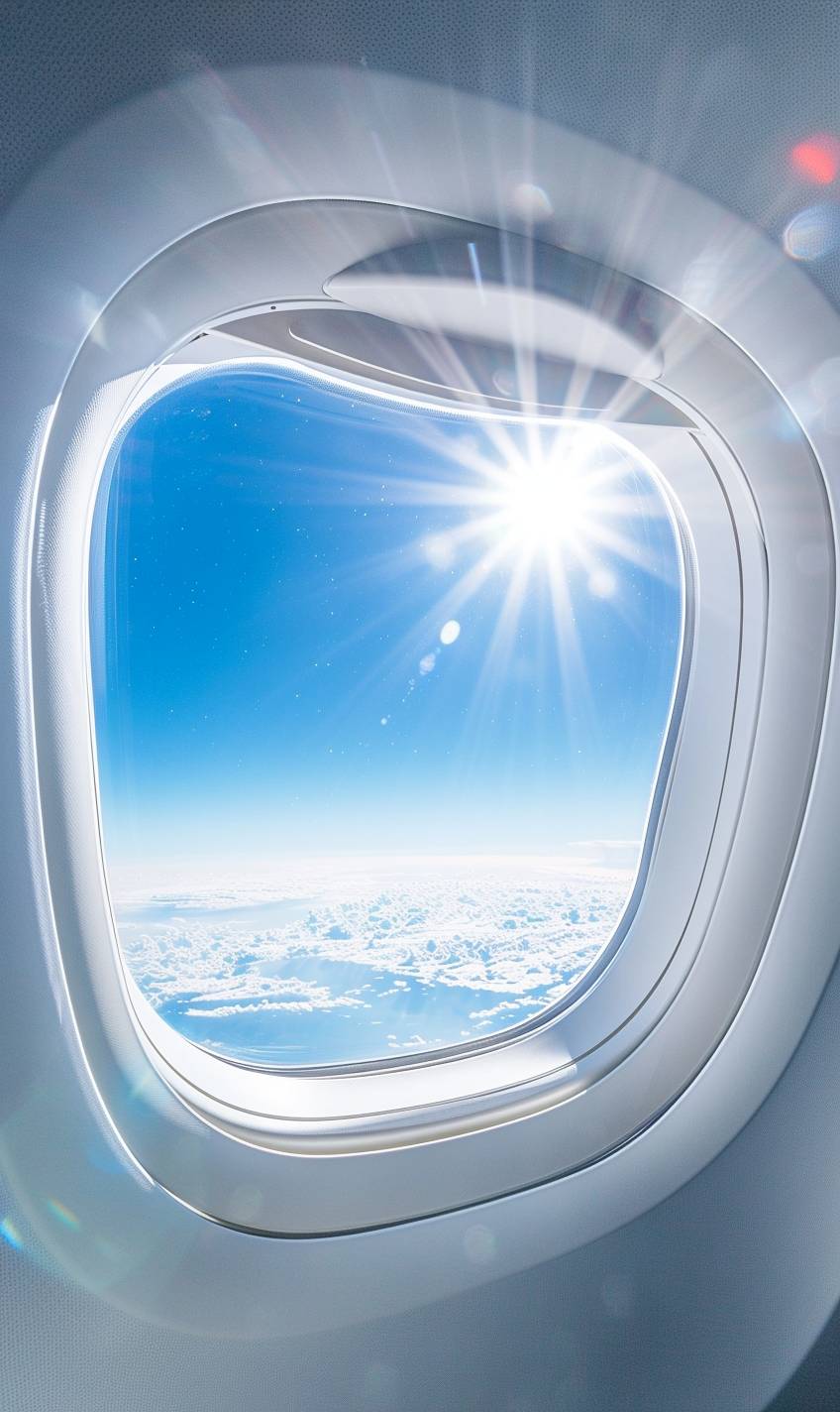 太阳は明るく輝いています。鮮やかな色彩、クリーンな青空に映る飛行機の窓のクローズアップ。内部には白いテーブルがあります。シーンは飛行機の内部から何かを見ることができることを伝えるべきです。ファッション雑誌広告のスタイルで。