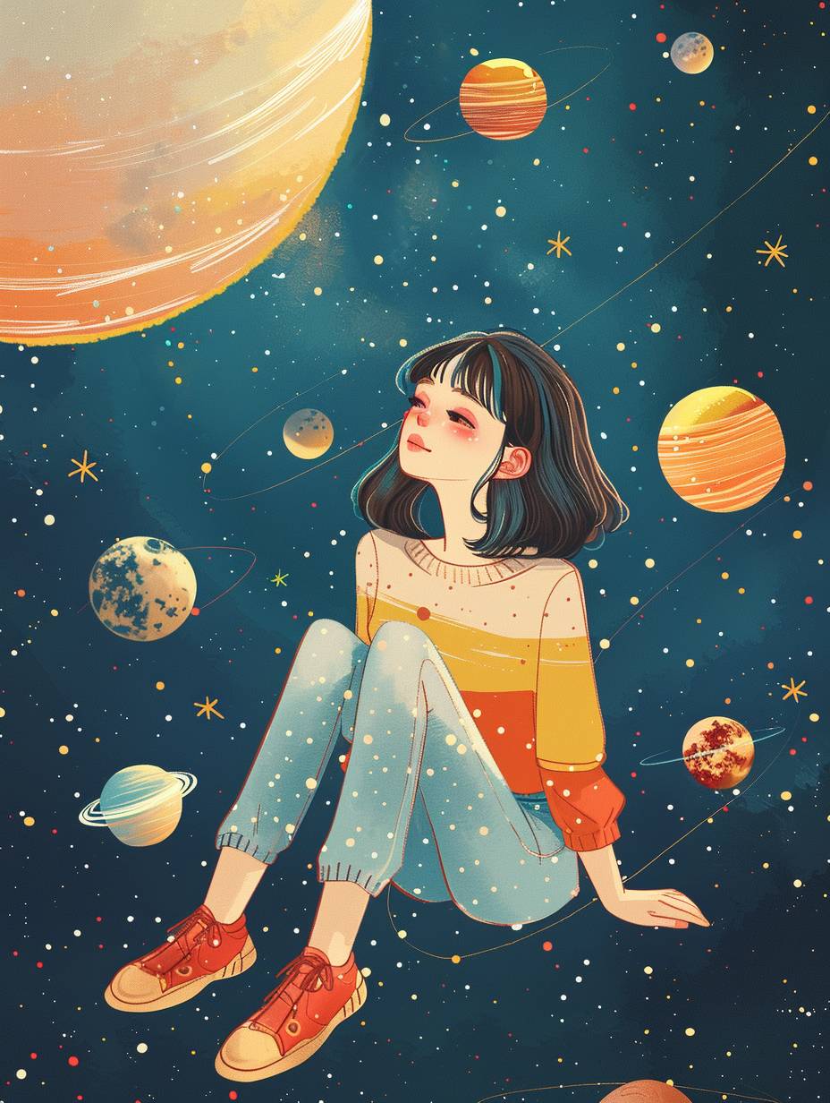 Anya Forger from SPYXFAMILY, with a simple illustration style, on a blue background, using pastel colors and dreamy tones, with simple details, in a flat illustration style, in a dreamlike scenery, with rainbow-colored planets, stars twinkling in the sky, sitting casually with her legs crossed, floating in space, floating on colorful moons, floating on planets.