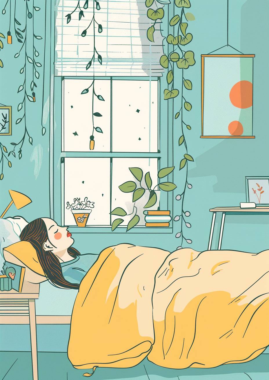 The girl is lying on the bed in a 2D-style bedroom. There is a bed, a mint green, lavender, and buttery yellow blanket, a window, a desk, a chair, and a baby blue color with children's doodle coloring sticker style, fresh and soothing.