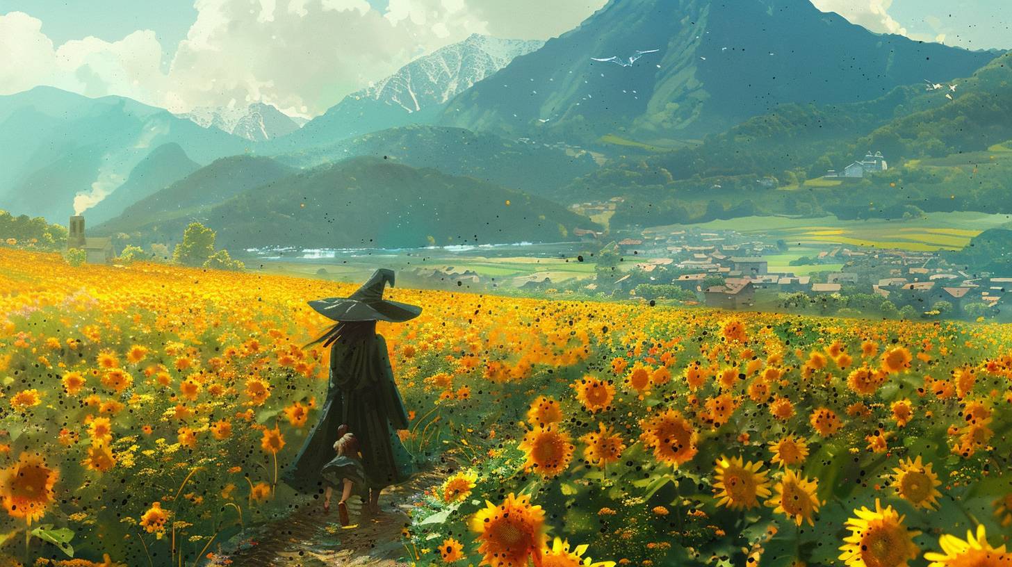 A girl wearing a witch hat and a fluffy bear are traveling through a wide expanse of land, with a field of sunflowers and a mountain village in the distance. Swiss mountains in the background. Cinematic illustration by Otake Chikuha and Irina Nordsol Kuzmina.