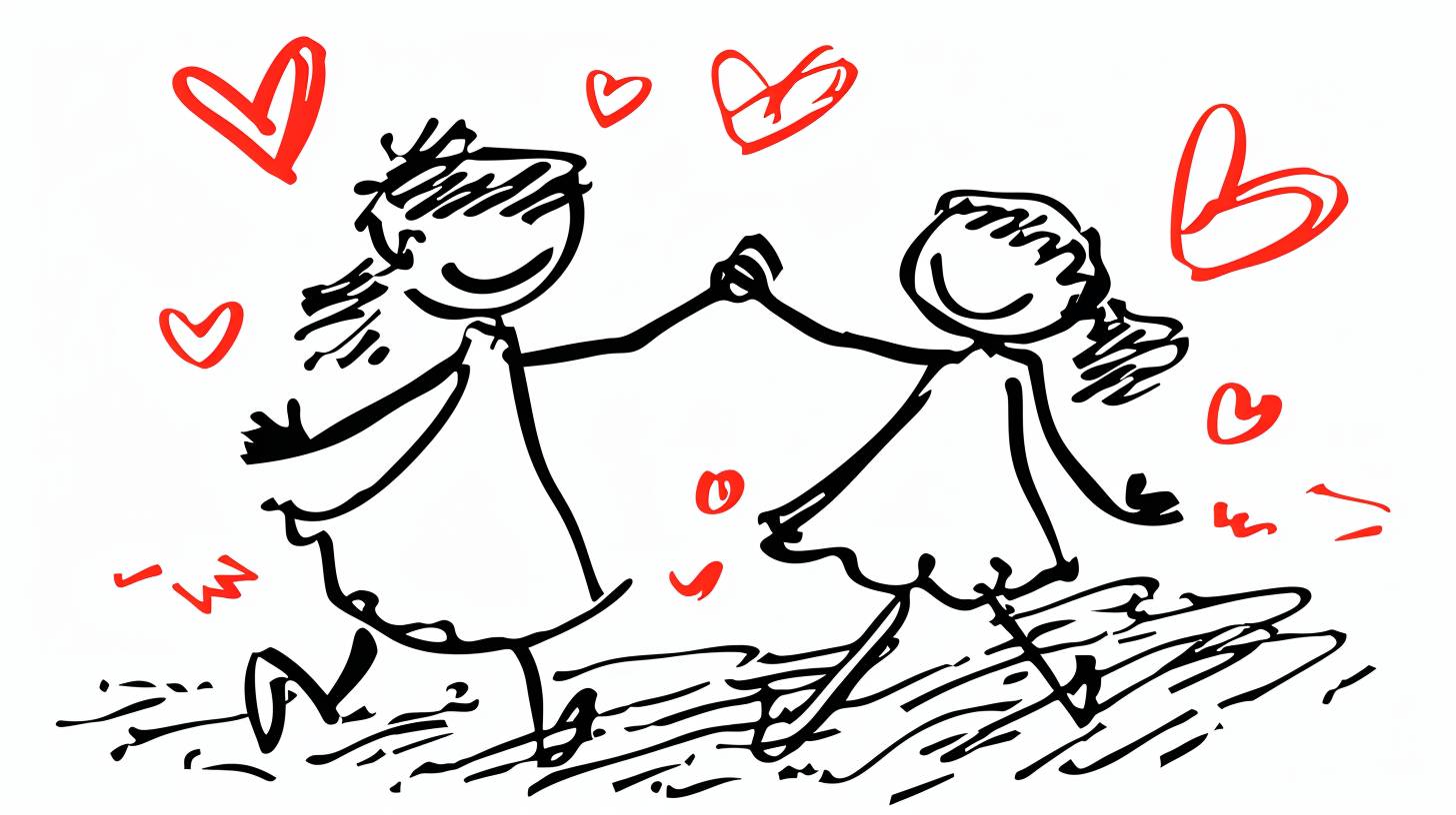 Hand-drawn cartoon-style 2D stick figure of a loving couple dancing, with hearts, very detailed and high quality