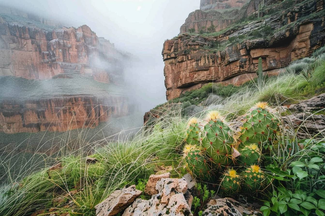 The resilient cactus in 'Cascading Canyons', nestled in a verdant green hidden nook between the sheer, multi-colored cliffs, silver the misty wind creating an ethereal background