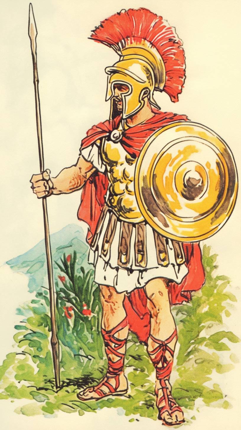 スパルタの王レオニダスが槍と盾を持って立つ壁紙HD、タイムレスな神話のスタイル、ヘレニズム美術、濃深なクリムゾンとホワイト、太い線、高いコントラスト、二色による表現