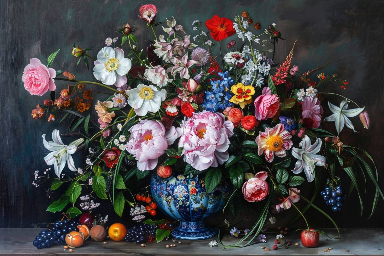 A large, colorful bouquet of flowers in an old blue glass vase on the table. In front is one beautiful peony flower surrounded by various other blossoms like roses, lilies, daisies, orchids, fruits, berries, green leaves. The background is dark gray. Oil painting in the style of the Dutch Golden Age --ar 3:2  --v 6.0