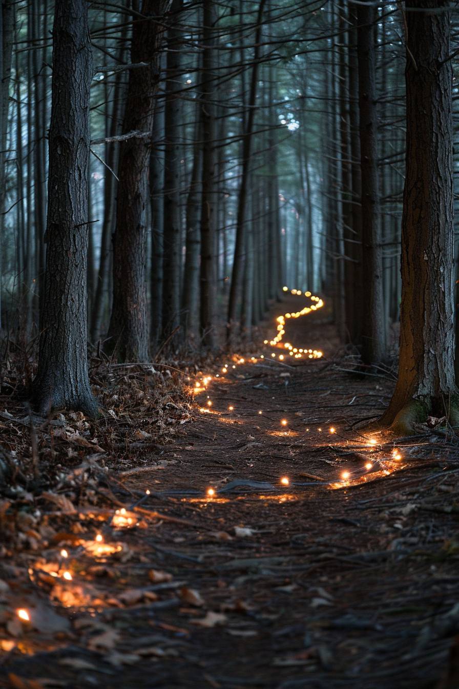 In the style of Lawren Harris, Fairy lights illuminating a path through the woods--ar 2:3 --v 6.0