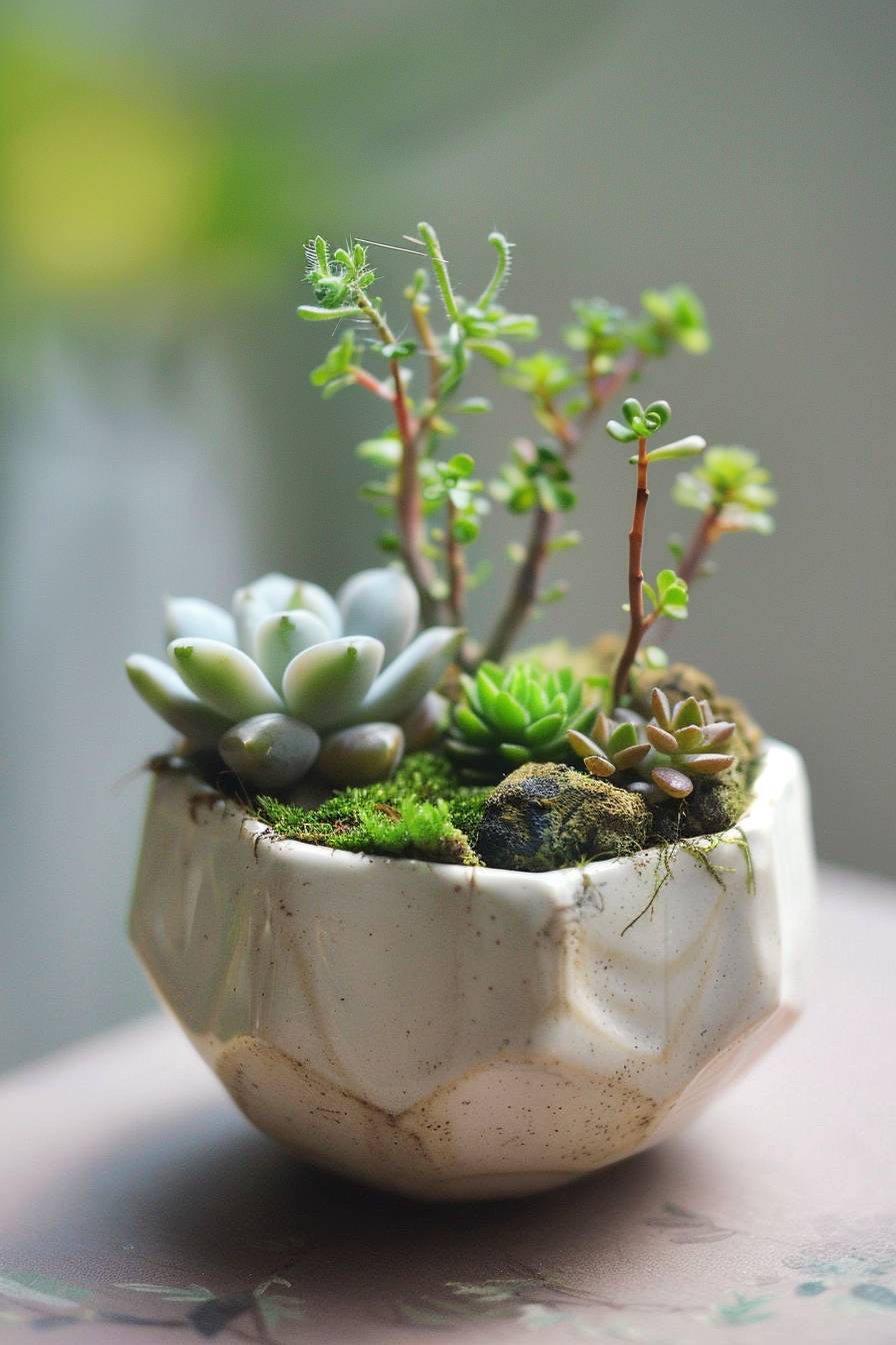 A micro landscape suitable for office desks. The container is a hexagonal ceramic cup the size of a grain of rice. It contains succulents, mosses, and vegetation. The picture is healing.