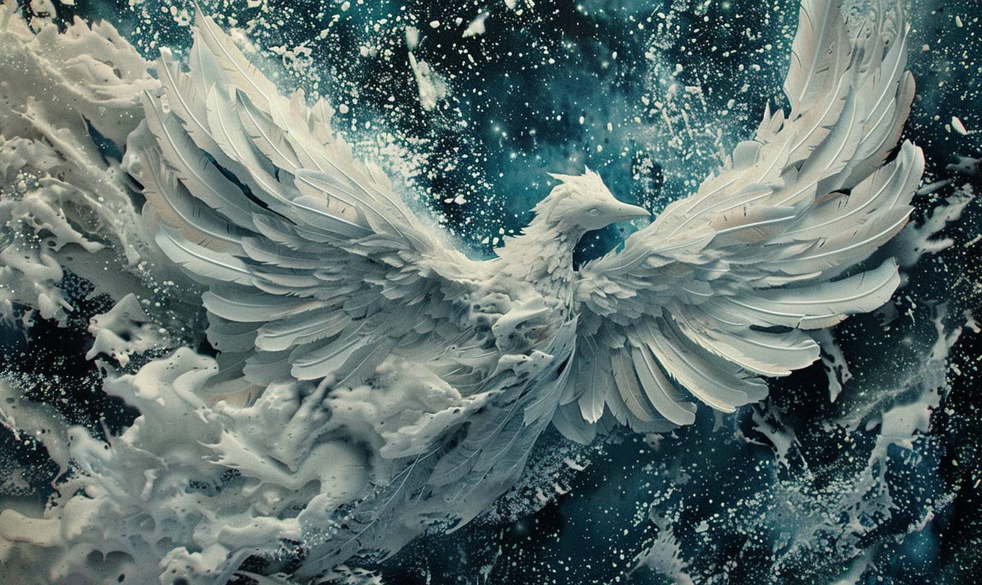 In style of Daniel Arsham, Cosmic phoenix gliding through the cosmos