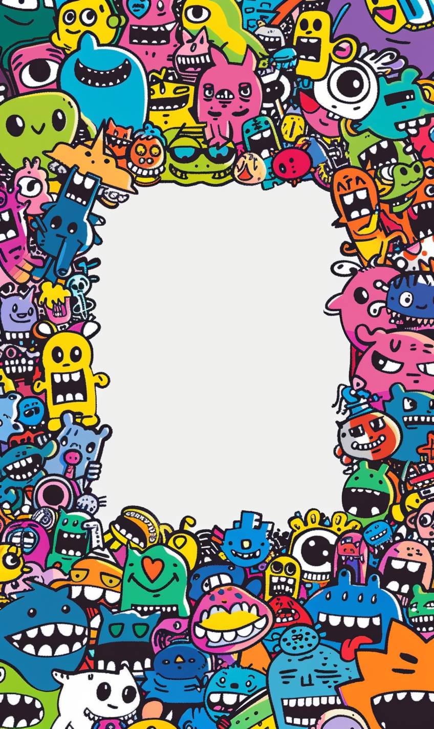 Create a high-quality image with a large, blank space in the center as the main focus, surrounded by a variety of colorful doodles on the sides. The doodles should include cartoon characters like animals, funny faces, superheroes, and quirky creatures. They should densely populate the edges, leaving the center area completely blank. The overall style should be playful and imaginative, with vibrant colors to create a lively and striking feel. The image is designed for Instagram story scale with the blank space being the primary focus.
