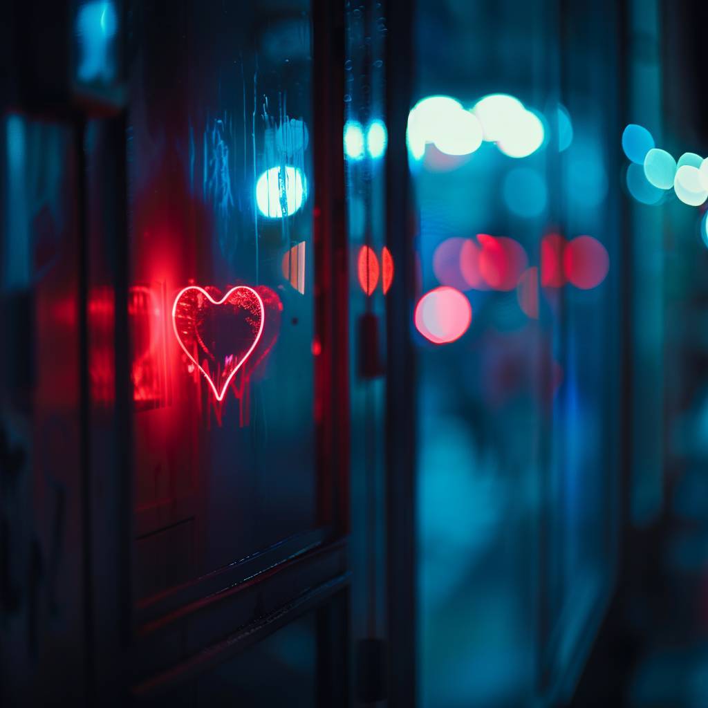 Against a dark background with a mysterious atmosphere and cool tones with high contrast, as if captured with a telephoto lens, in a night scene with light and shadow effects. Light shining through neon lights in the style of night street, night heart bokeh, light leak