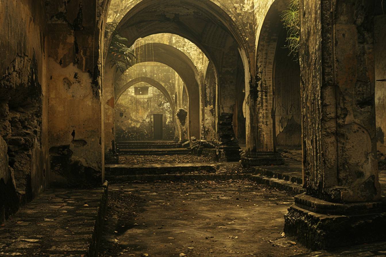 Romantic ruins, vintage photography, chiaroscuro, Guatemalan art, passage, panorama, 1970-present, Romanesque art