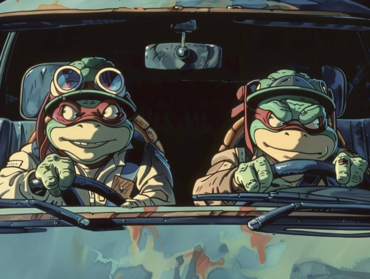 A scene from the 1980s cartoon Teenage Mutant Ninja Turtles, depicting two four-year-old boys in the backseat of a car, in the style of vintage animation.